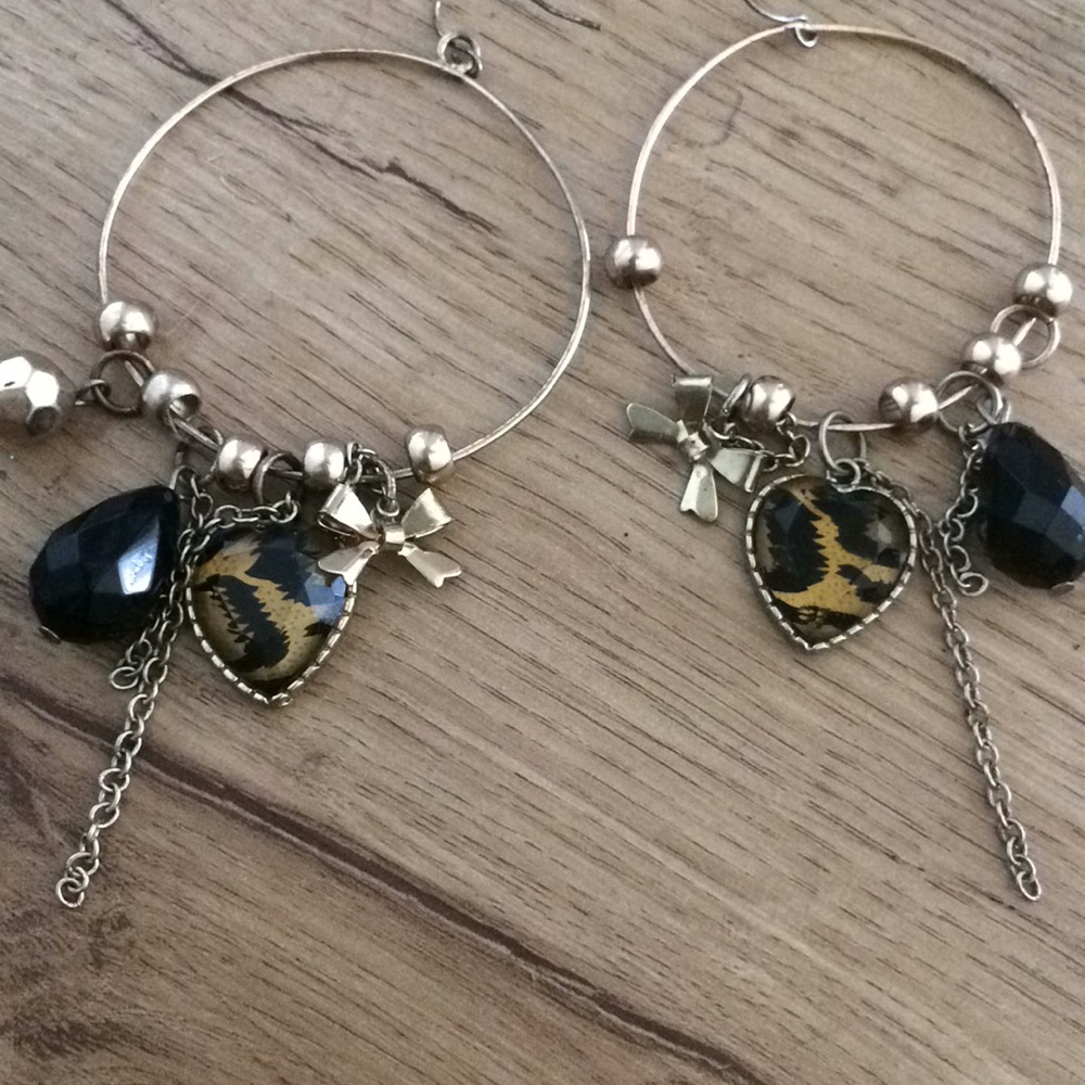 Heart cheetah dangly gold hoop earrings